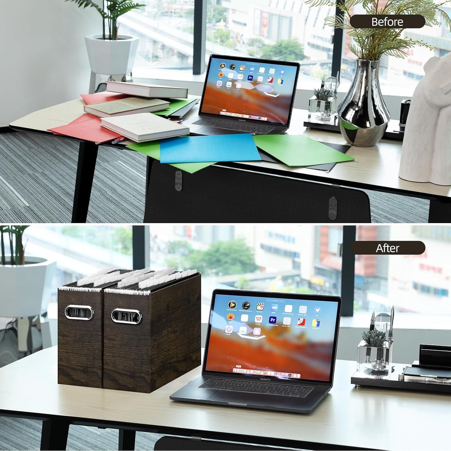 Oterri File Organizer - Small Cardboard Storage Box, Collapsible and Portable With Handle for Letter Size Files, Hanging Folder Box (Brown Wood Grain Print, Letter Size - 2 Packs)