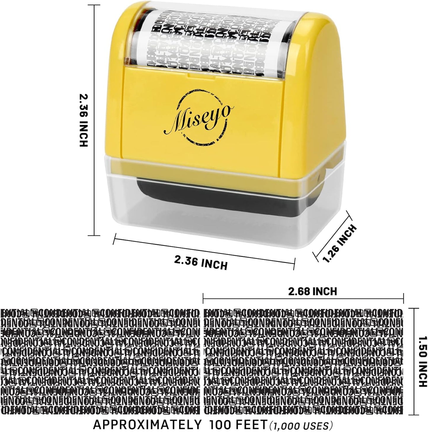 Miseyo Wide Identity Theft Protection Roller Stamp Set - Yellow (3 Refill Ink Included)