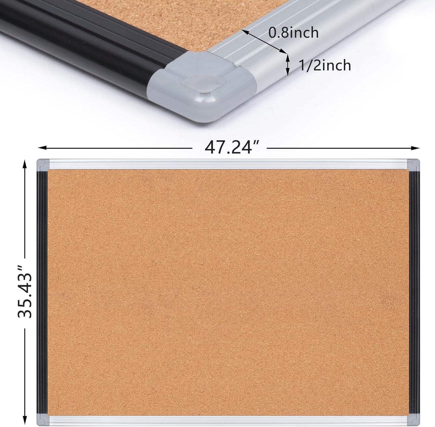 Board2by Large Cork Bulletin Board 36" x 48", Black/Sliver Aluminium Framed Corkboard, 4 x 3 Office Board for Wall Decor, Wall Mounted Notice Pin Board with 18 Push Pins for School, Home & Office