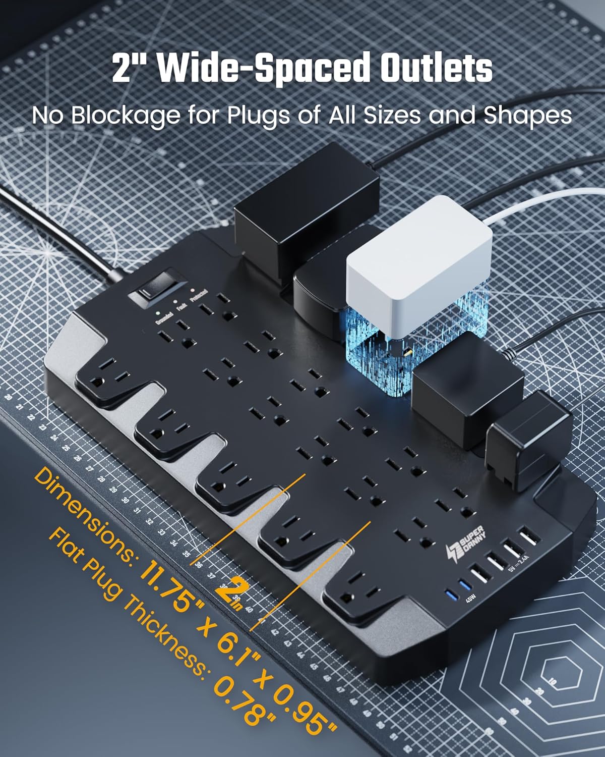 PD 45W Fast Charging Power Strip Surge Protector with 22 Outlet + 6 USB Port, SUPERDANNY 1875W/15A, 2100J, 6.5ft 45° Plug Mountable Extension Cord for Home,Office,Dorm,Gaming,PC,Streaming