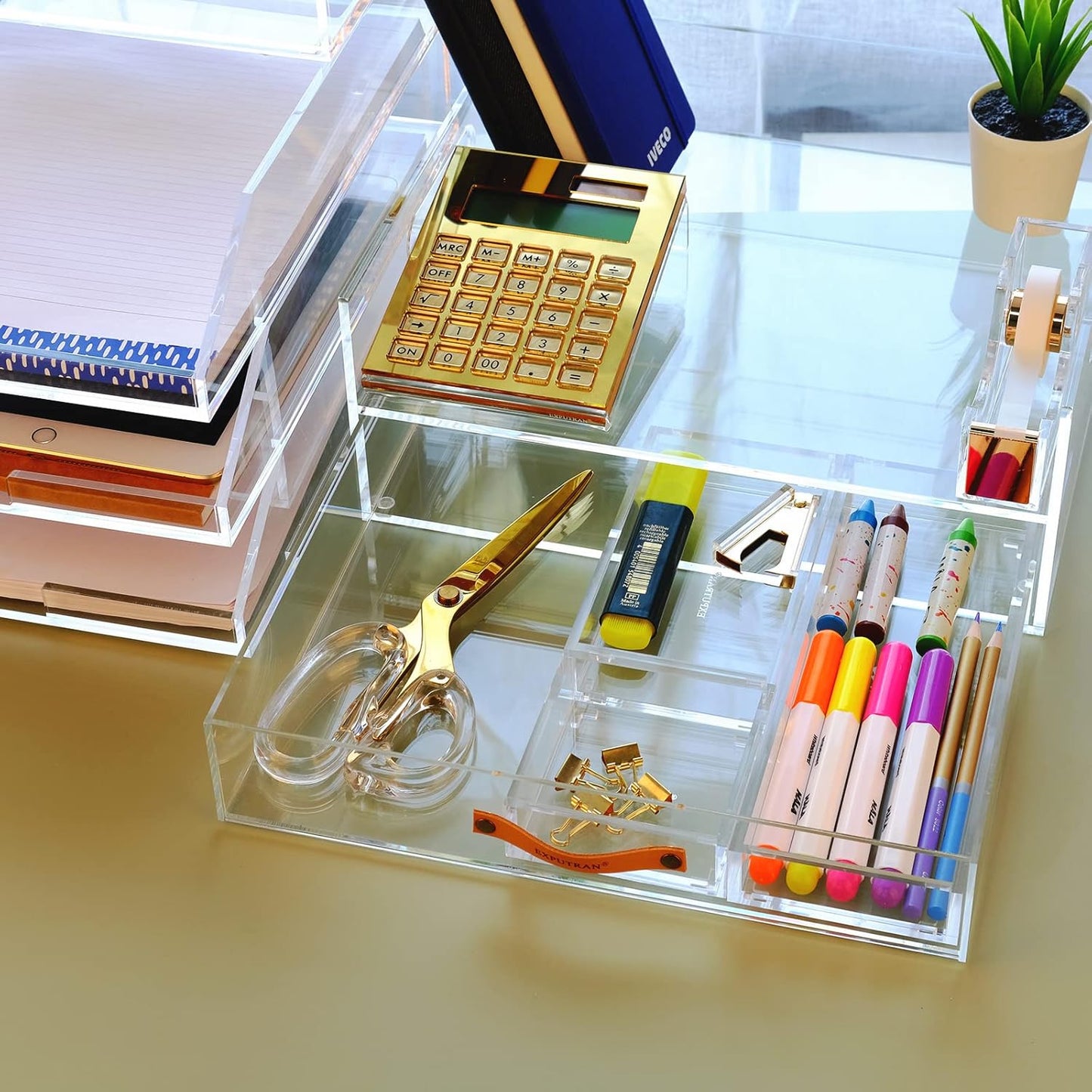 Acrylic Desk Organizer Drawer + Inbox with Letter Tray 12.6” x 10.6” x 5”, A4 Size, Clear