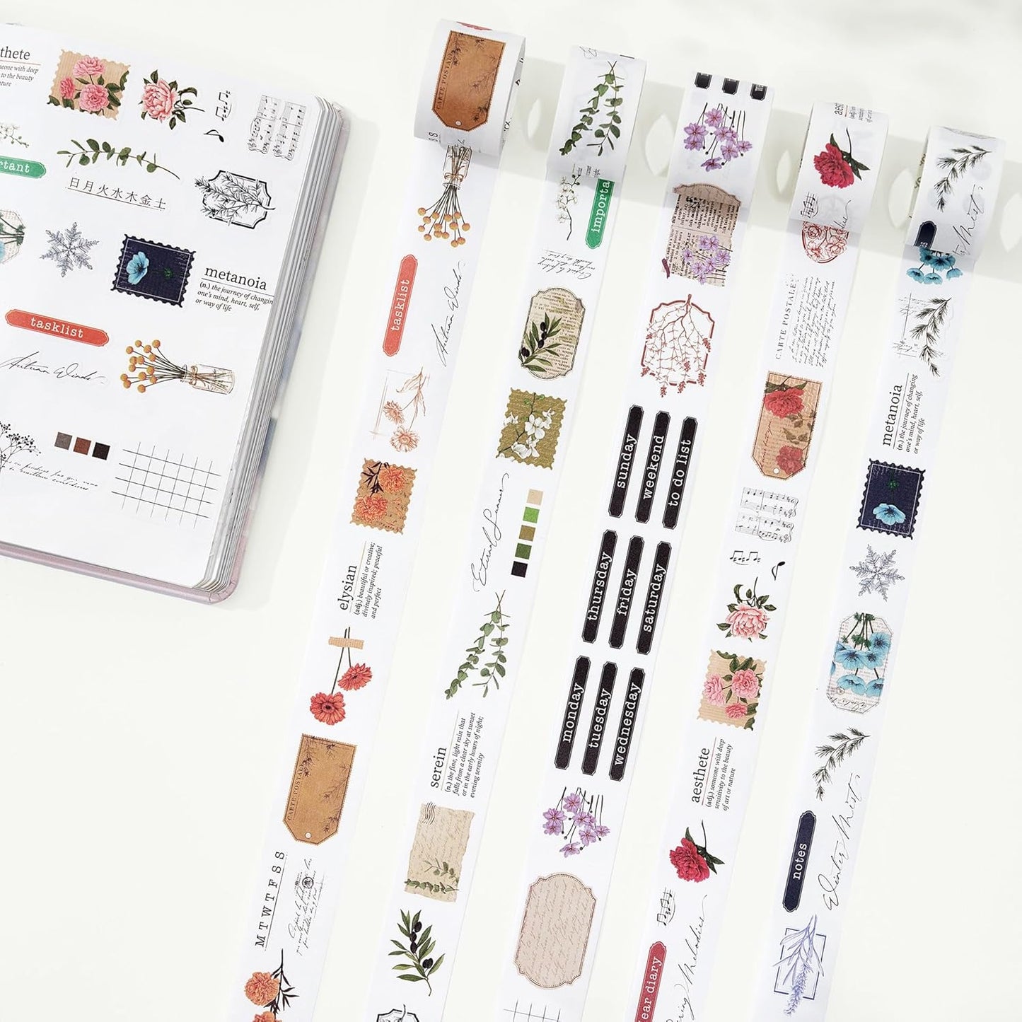 WT Seasonal Splendor Washi Tape Sticker Set, 5 Rolls, Original Designs, Vintage Watercolor Floral Design, Adhesive Stickers for Junk Journals, Scrapbooks, Bujo, Planners, DIY Crafts
