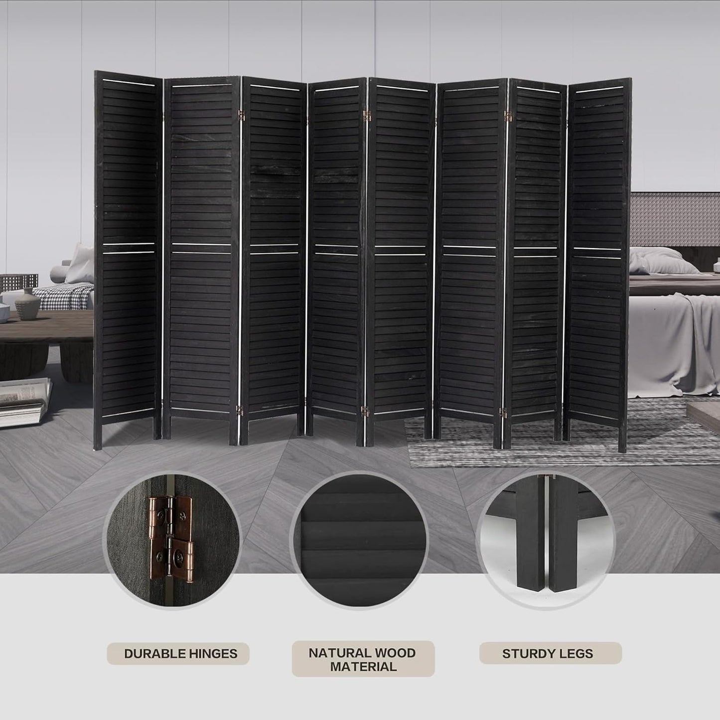 NicBex 8 Panel Room Divider,5.6FT Wood Room Dividers,Folding Privacy Screens Portable Freestanding Partition Wall Dividers for Room Separation,Home Bedroom Office,Black