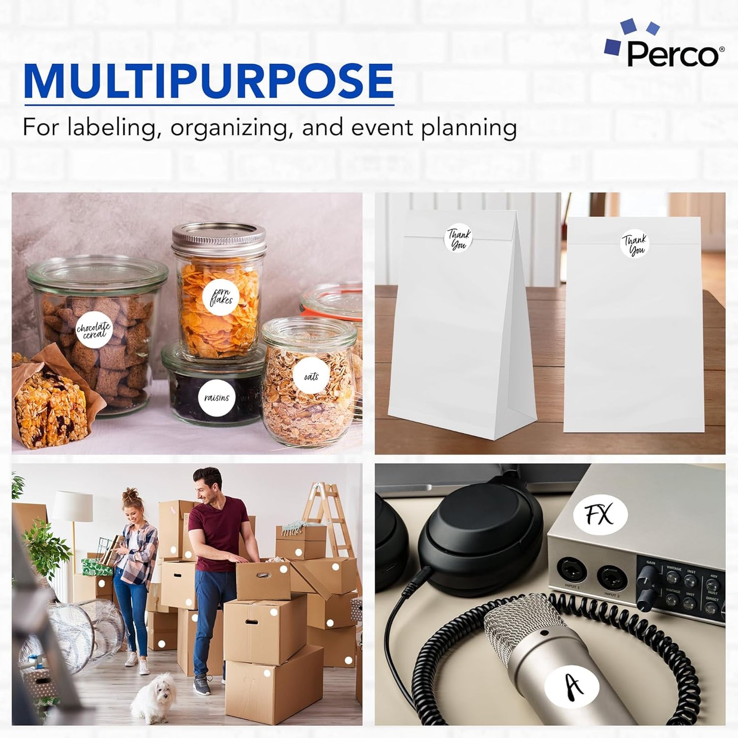 Perco White 2-Inch Round Circle Dot Sticker Labels - Multi-Roll Pack (3 Rolls, 500 Labels Each) - Permanent Adhesive, Vibrant Colors, Strong Hold - Perforated for Easy Use - Made in USA