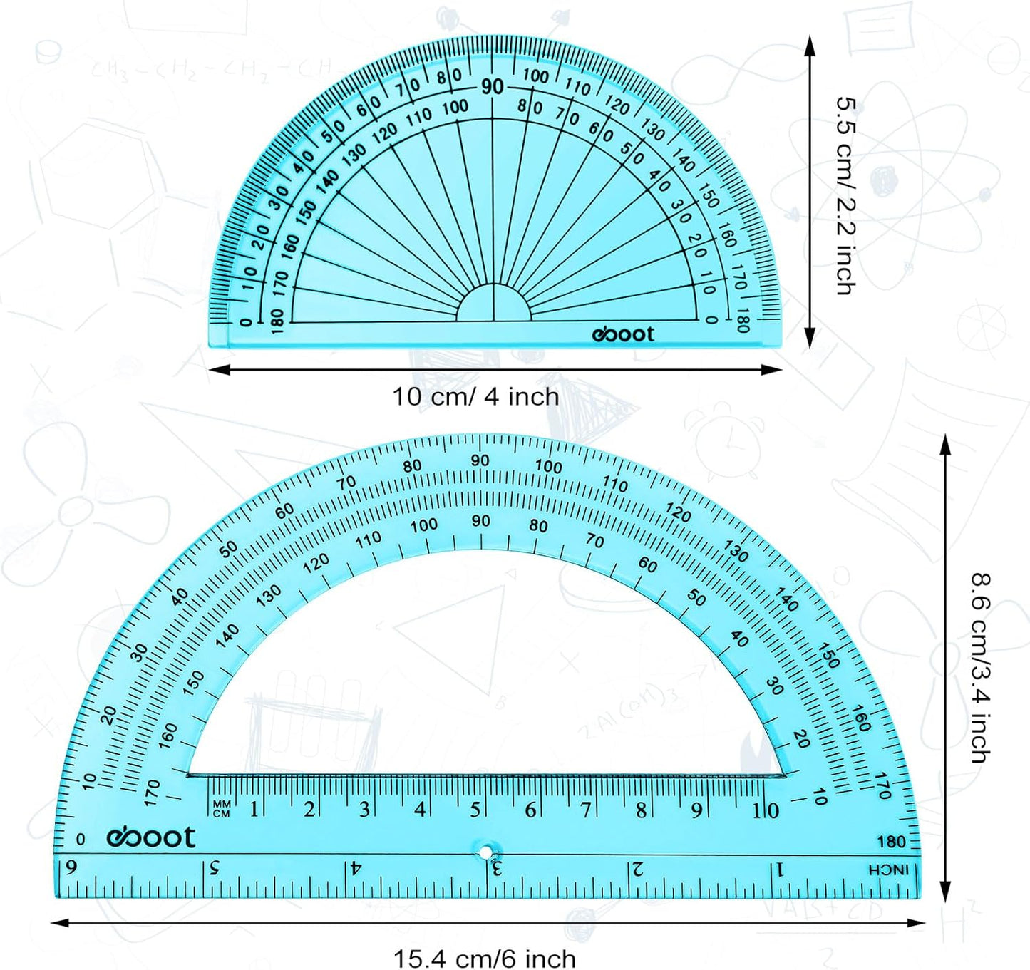EBOOT 2 Pcs Plastic Protractor Clear 180 Degrees Transparent Protractor for Geometry, 4 Inch and 6 Inch(Blue)