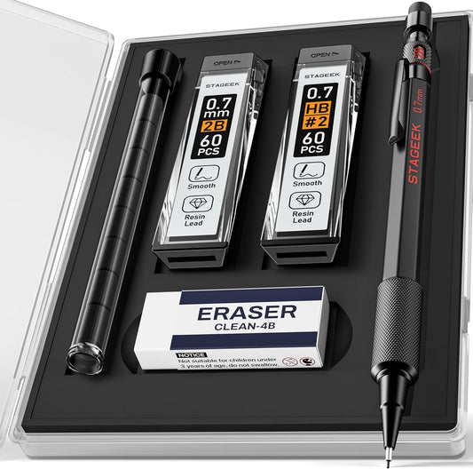 Mechanical Pencils 0.7mm with Case, Metal Weatherproof Body Outdoor Artist Mechanical Pencil with 120 PCS HB & 2B Lead Refills, Eraser, for Writing Drafting Drawing and Sketching