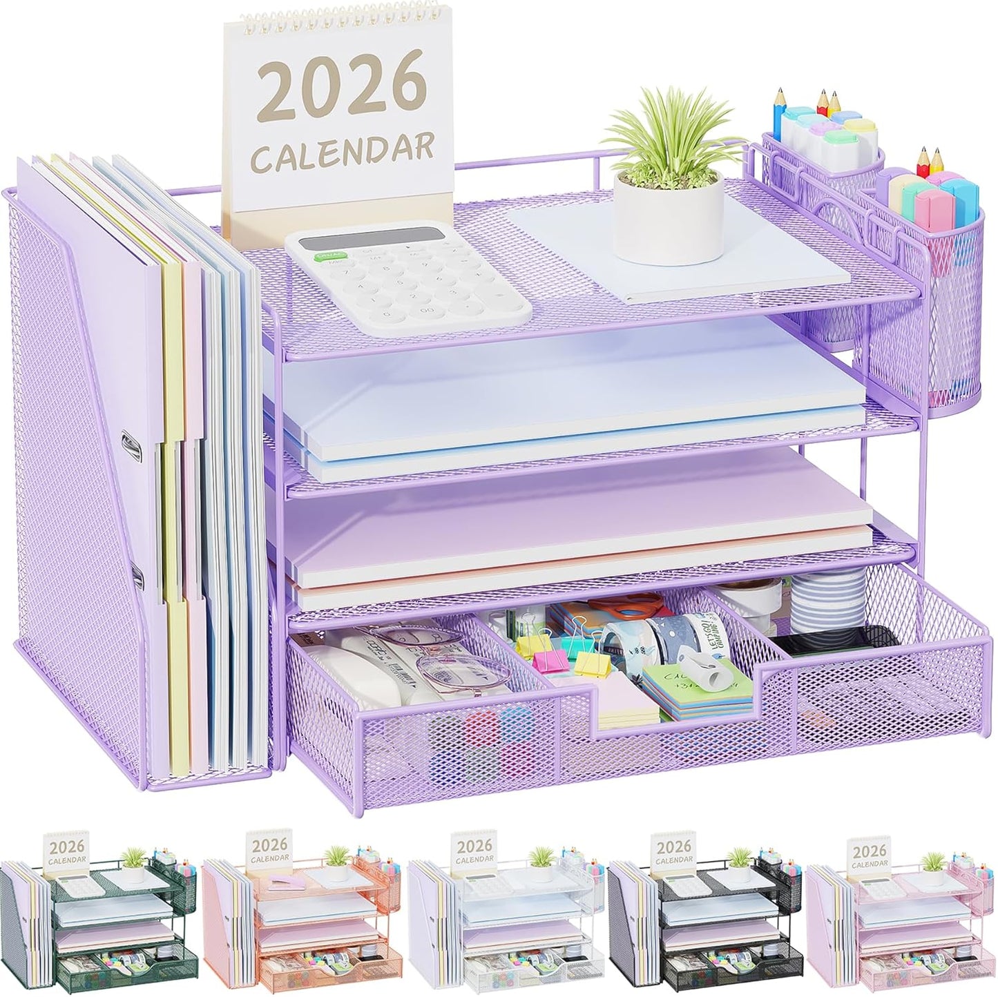 gianotter Desk Organizers and Accessories with File Holder, 4-Tier Desk Accessories & Workspace Organizers with Drawer and 2 Pen Holder, Paper Organizer for Office Supplies (Purple)