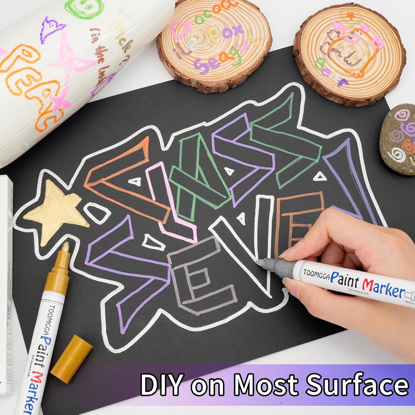 Gold and Silver Permanent Paint Pens - 2 Pack Oil Based Paint Markers, Pens for Rock Painting Car Tyre Metal, Plastic, Canvas, Mugs, Wood, Glass, Quick Drying and Waterproof, Medium Point