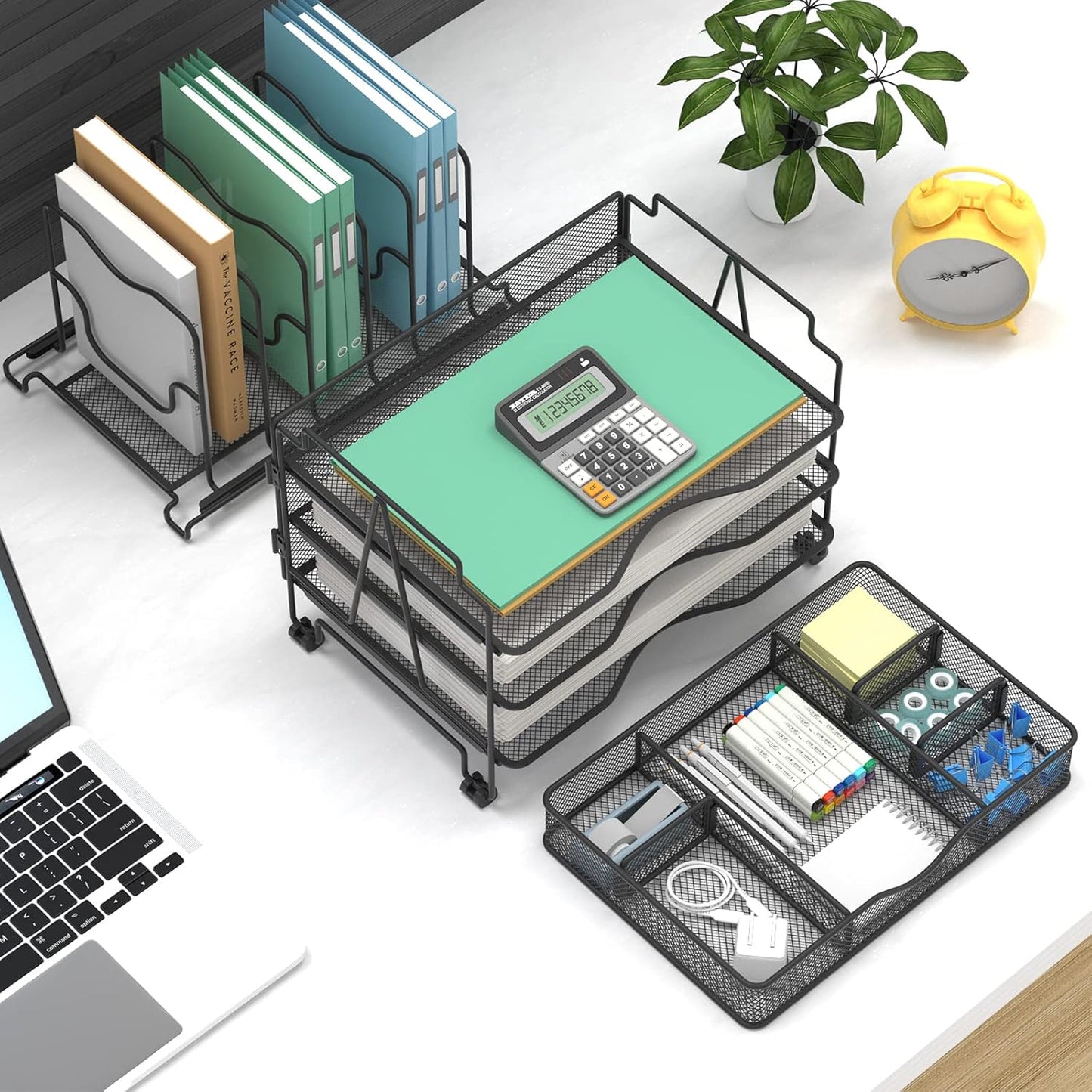 Mesh Desk Organizer, 3-in-1 Desktop Organizer with 3 Tier Tray and 5 Upright Sections, File Organizer for Desk with Sliding Drawer, Black