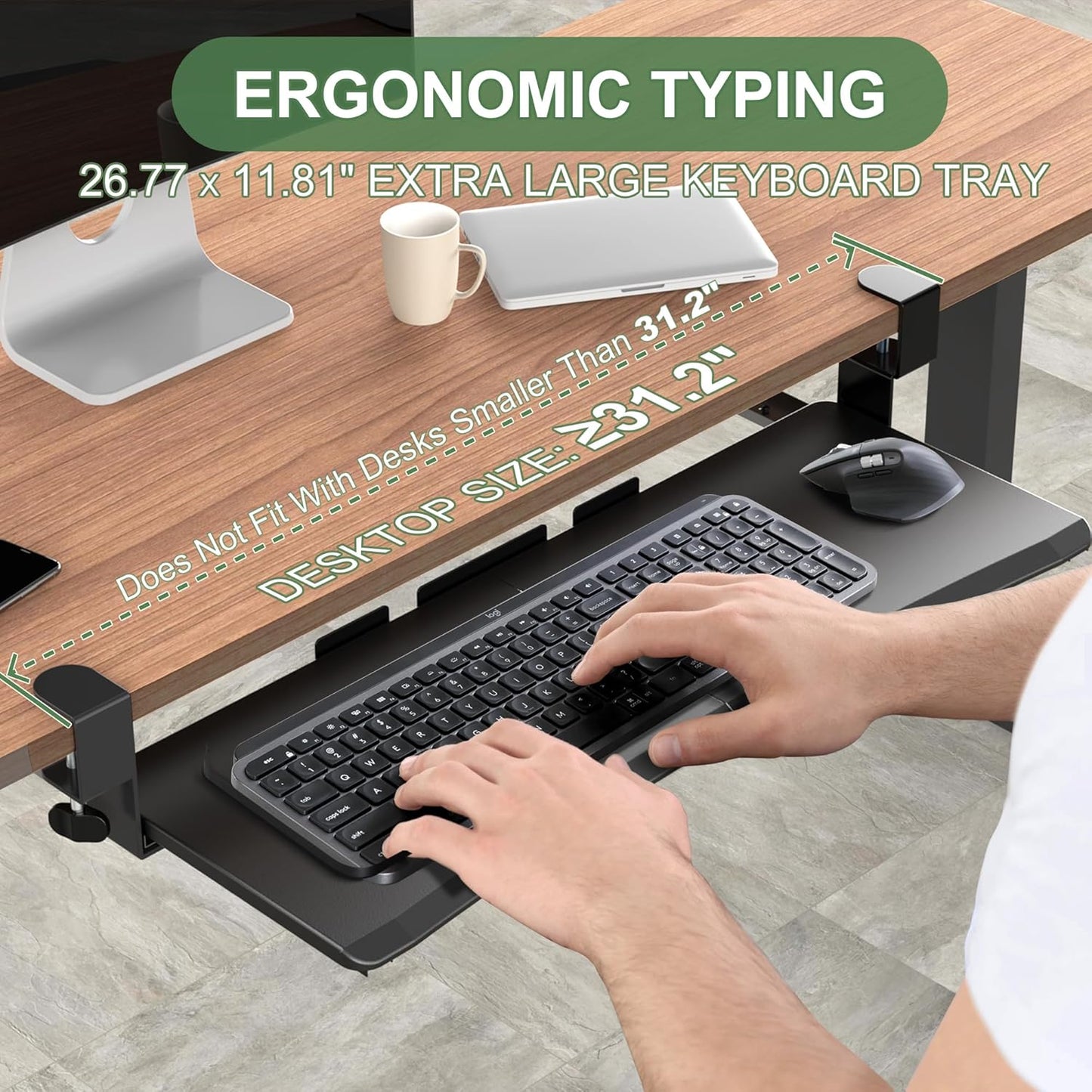 Large Keyboard Tray Under Desk - Slide Out with Sturdy C-Clip Mount System, 27 (31.2 Including Clamps) X 11.81 Put-Out Keyboard Tray Computer Drawer for Ergonomic Typing, Black