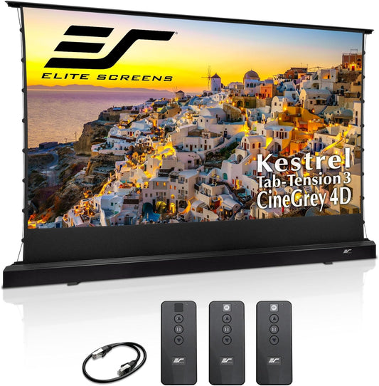 Elite Screens Kestrel Tab-Tension 3 CineGrey 4D, 150 inch 16:9, Standard Throw ISF Ceiling Ambient Light Rejecting (CLR/ALR) Electric Floor-Rising Projector Screen, Programmed Remote Kit, FTE150H3-C4D