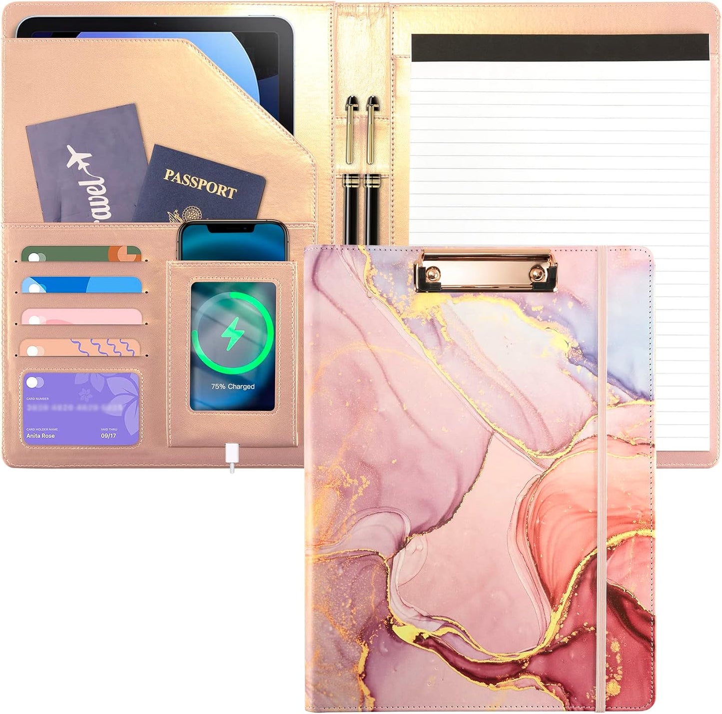 Leather Portfolio Binder Folder Storage Clipboard Pink Padfolio for School Side Straps Document Organizer