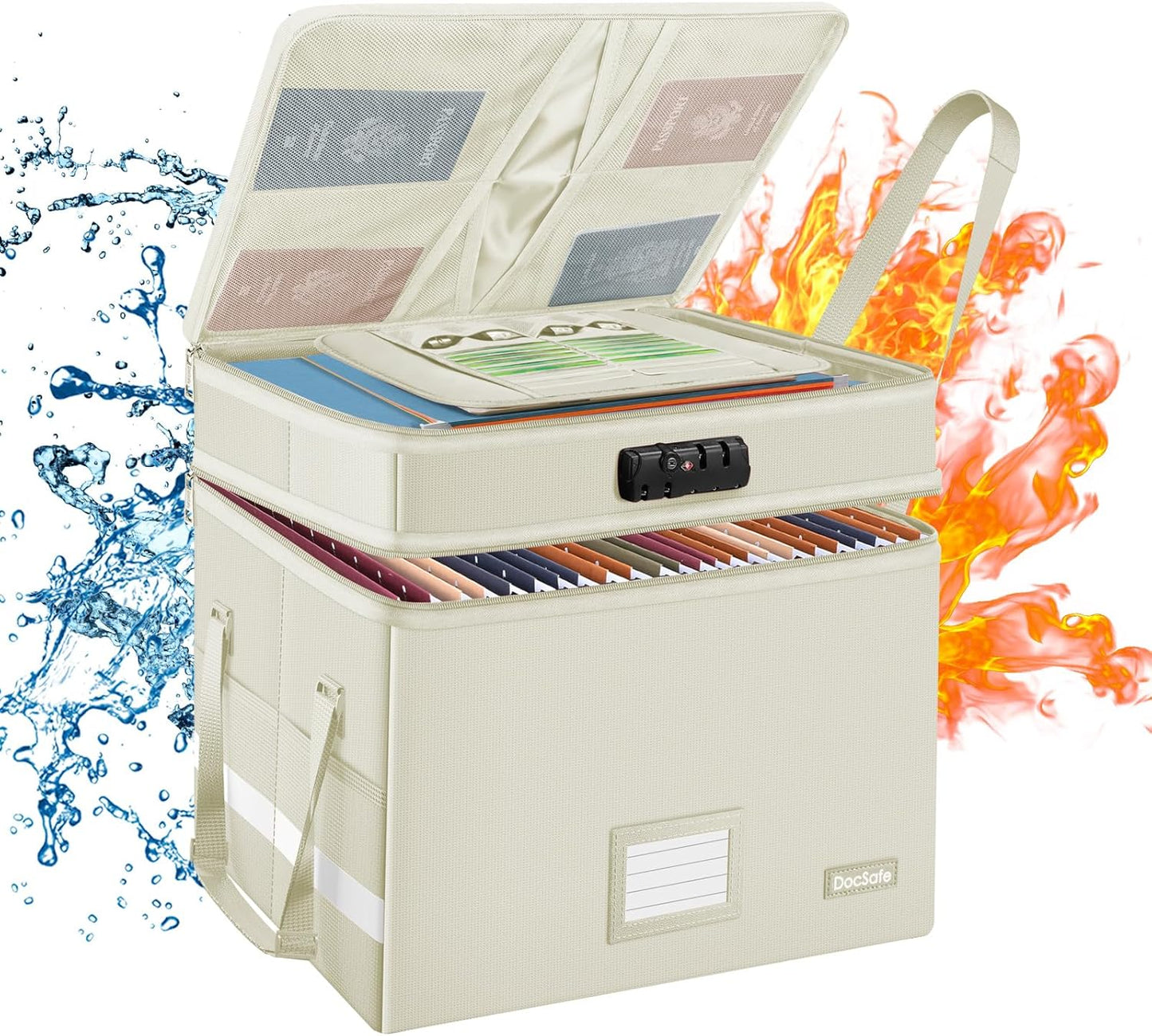 DocSafe File Box with Lock,Multi-Layer Fireproof Document Box Collapsible File Storage Organizer with Pockets/Handle,Large Portable Home Office Filing Box for Hanging Letter/Legal Size Folders,Beige