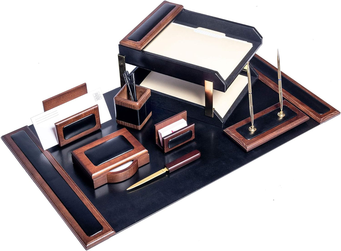 Dacasso Walnut and Black Leather Desk Set, 10-Piece, 34" x 20"