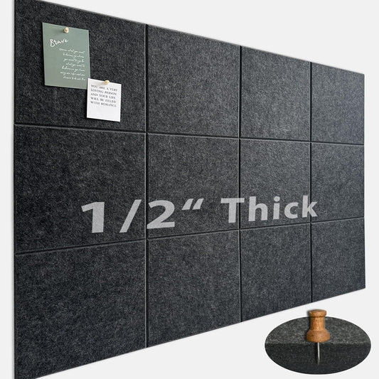 Large Cork Board for Office Wall Decor,48"x36"-12 Pack Felt Wall Tiles with Safe Removable Adhesive Tabs, 1/2" Thick, Felt Bulletin Board Pin Board Cork Boards for Walls - Dark Grey