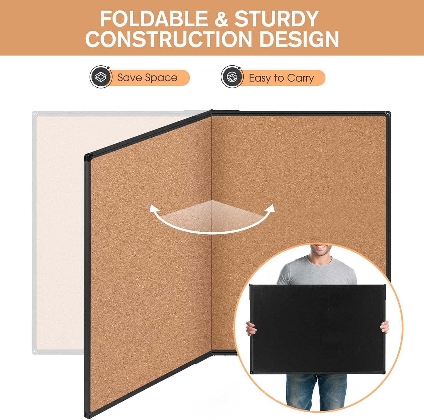 Board2by Extra Large Cork Bulletin Board 60" X 36", Foldable Notice Pin Board for Wall, Black Aluminum Framed 5'x3' Corkboard, Wall Mounted Noticeboard with 36 Push Pins for School, Home & Office
