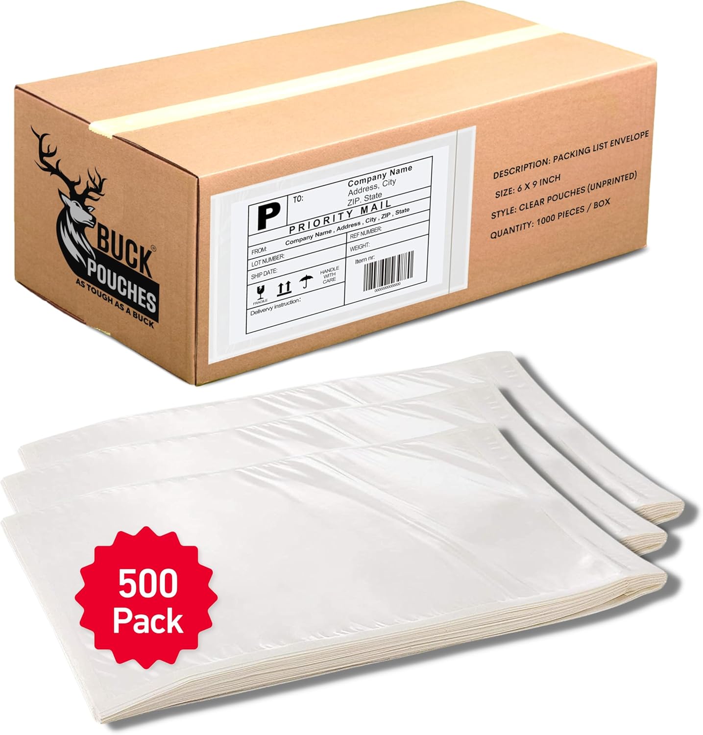 500 Pack 6"x9" Shipping Label Sleeves – Clear Self-Adhesive Packing Slip Pouches, Waterproof Packing List Envelopes – Ideal for Shipping Documents, Mailing Labels, Invoices & Packing Slips