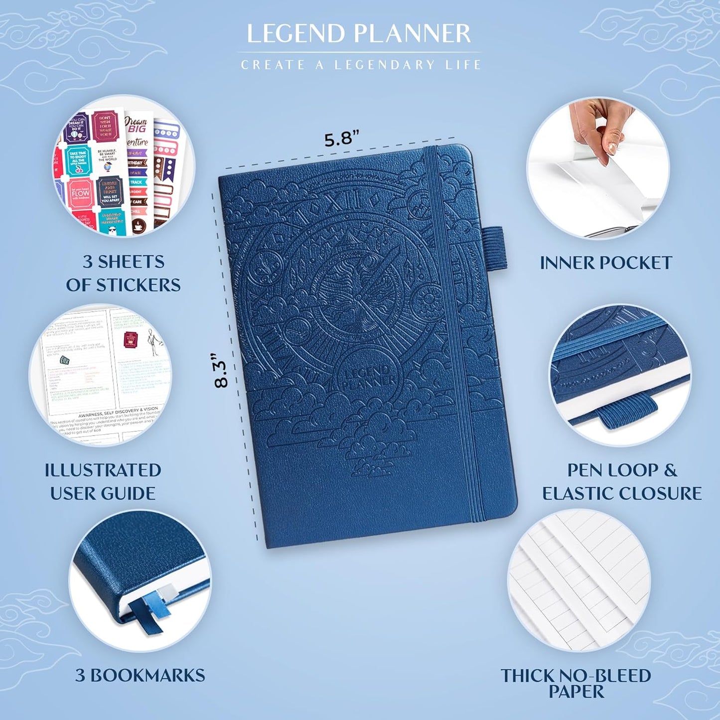 Legend Planner Hourly Schedule Edition – Deluxe Weekly & Daily Organizer with Time Slots. Time Management Appointment Book Journal for Work & Personal Life, Undated, A5 Hardcover – Blue Debossed