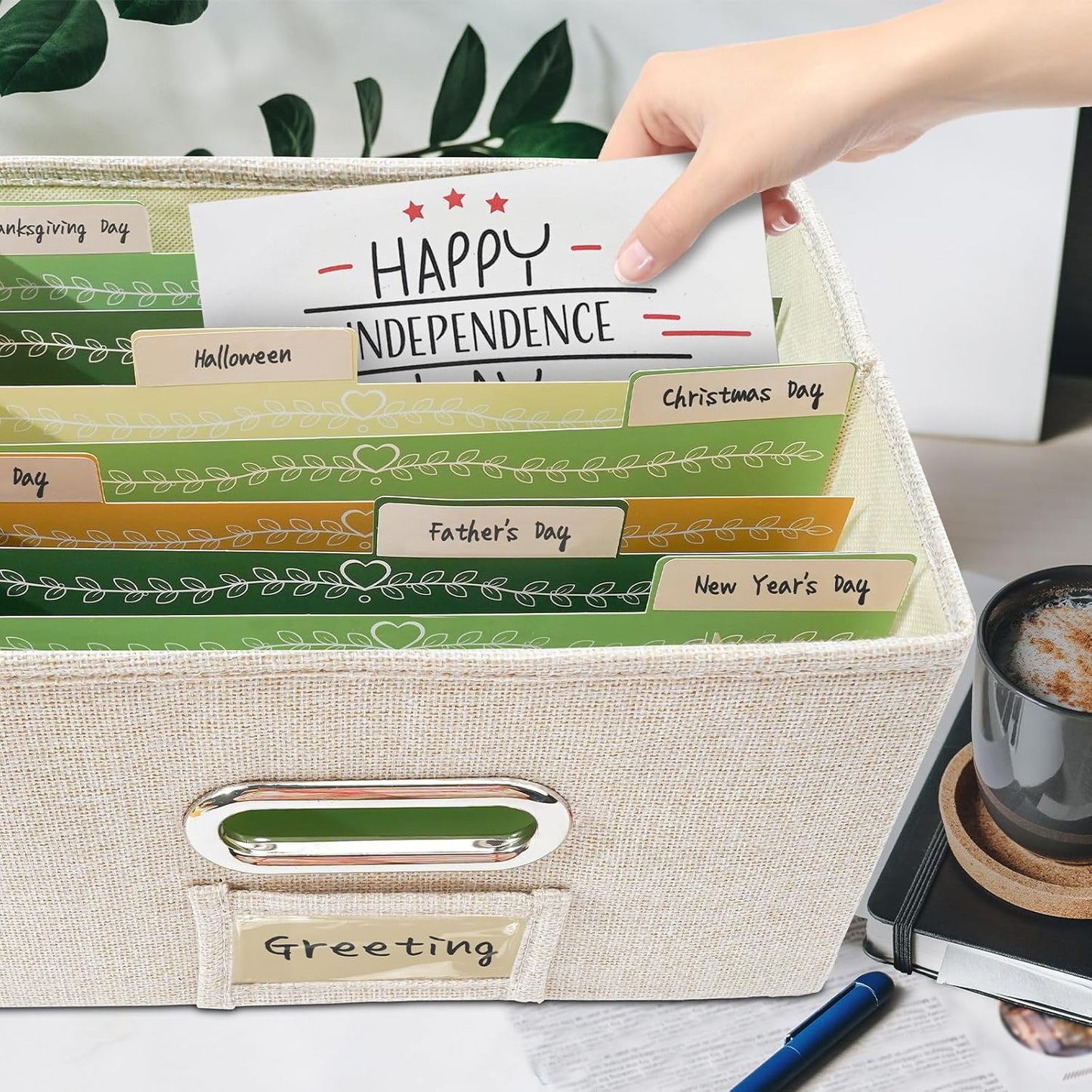 Vienrose Greeting Card Organizer 2 Pack, Storage Box with 20 Adjustable Dividers, Foldable Organizer Box Holds over 150 Cards, Storage Stickers Recipes Photos Envelopes Bills Vinyl Records, Beige