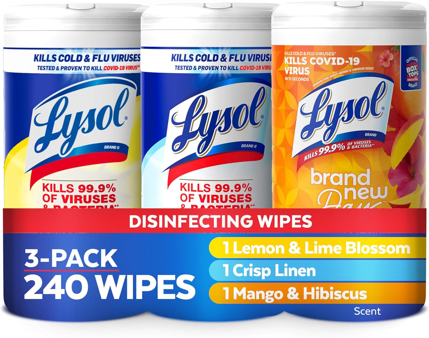 Lysol Disinfectant Wipes Bundle, Multi-Surface Cleaning Wipes, For Disinfecting & Cleaning, contains Lemon & Lime Blossom, Crisp Linen, & Mango & Hibiscus, 3x80 ct, (240 ct Total)