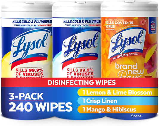 Lysol Disinfectant Wipes Bundle, Multi-Surface Cleaning Wipes, For Disinfecting & Cleaning, contains Lemon & Lime Blossom, Crisp Linen, & Mango & Hibiscus, 3x80 ct, (240 ct Total)
