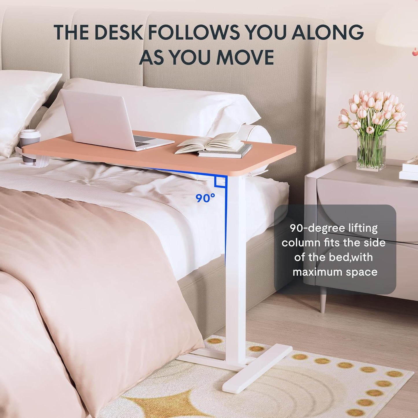 FLEXISPOT Mobile Standing Desk with Wheels Pneumatic Laptop Desk Rolling Computer Cart Movable Height Adjustable Small Sit Stand Computer Workstations Home Use（31.5" W x 17.7" D,Pink