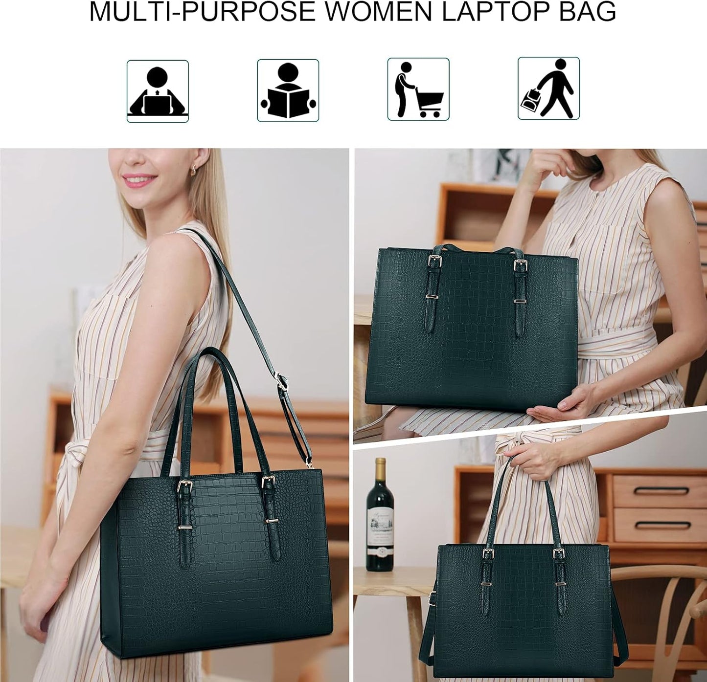Laptop Bag for Women 15.6 Inch Laptop Tote Bag Leather Classy Computer Briefcase for Work Waterproof Handbag Professional Shoulder Bag Women Business Office Bag Large Capacity Dark Green