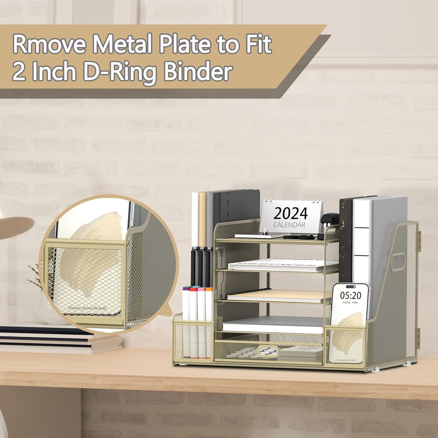 SUPEASY Mesh Desk Organizer with File Holder, 5-Tier Paper Letter Tray Organizer with Magazine Holder, Desktop Organizer and Storage with Drawer for Office Supplies Home or School, Yellow