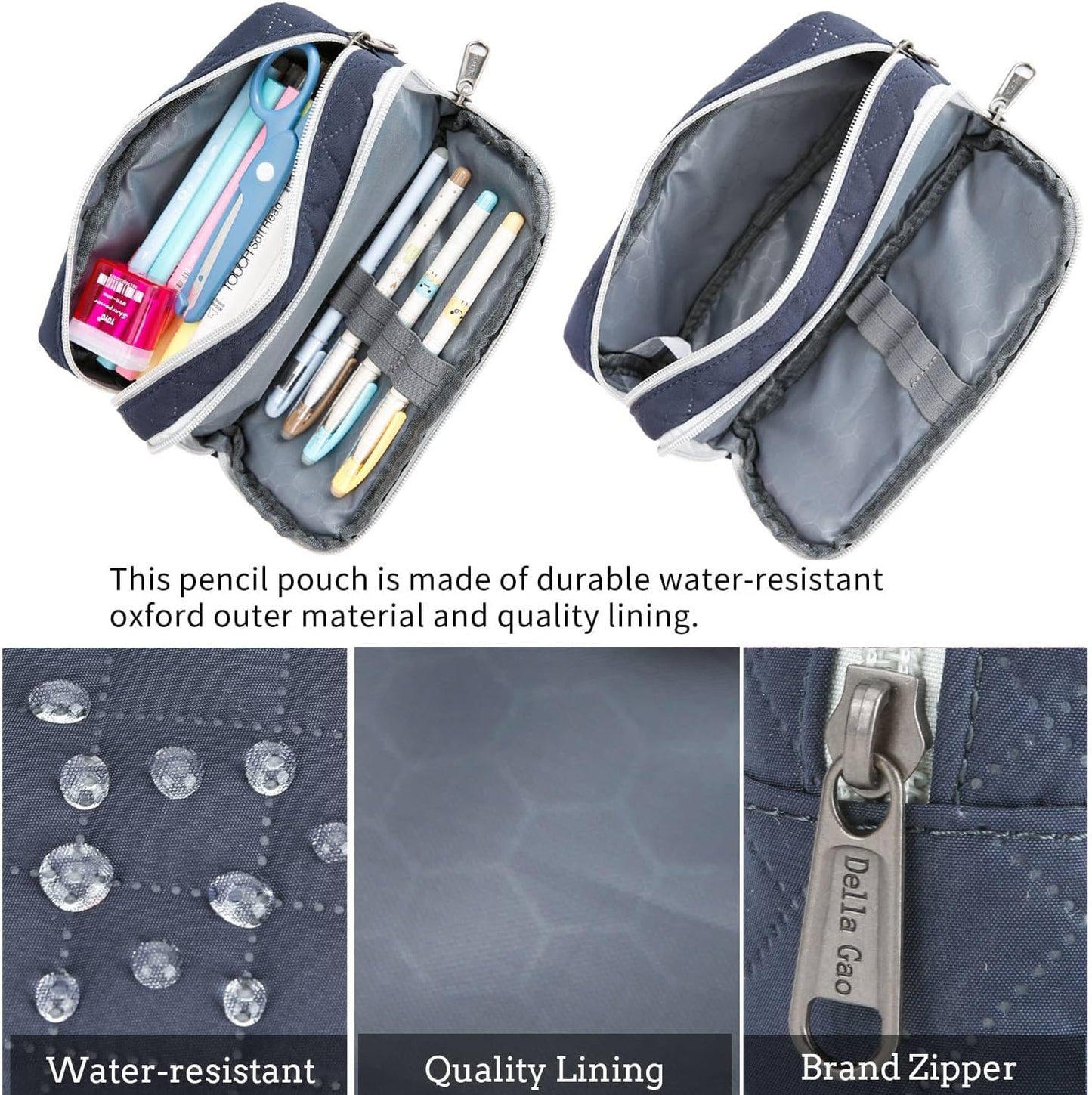 Della Gao Pencil Case Large Capacity Pencil Pouch Soft Quilted Pen Bag Office Stationery Organizer Sturdy Pencil Bag for Men Women - Dark Blue