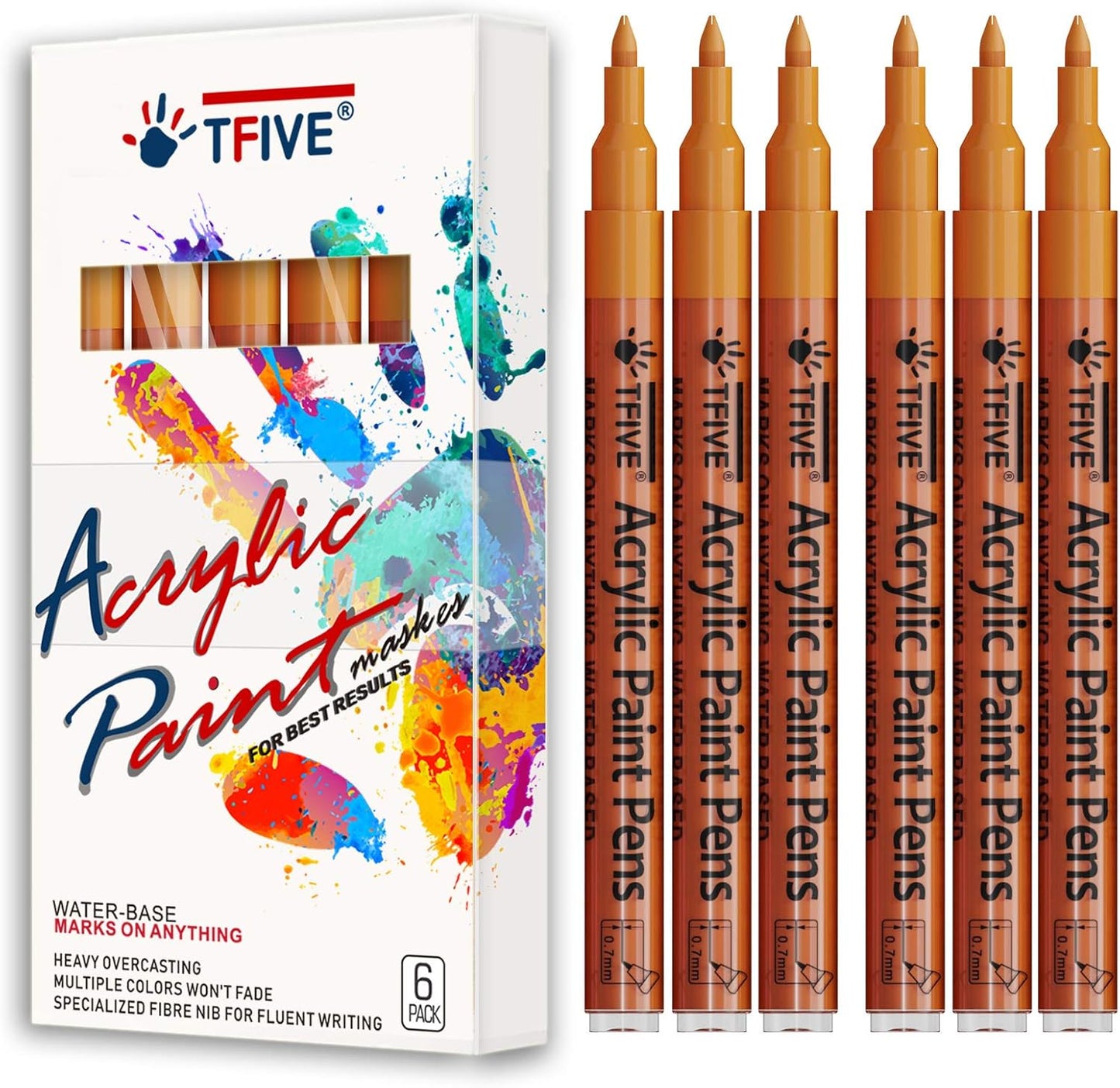 Orange Marker Paint Pens - 6 Pack Acrylic Orange Permanent Marker, 0.7mm Extra Fine Tip Paint Pen for Art Projects, Drawing, Rock Painting, Ceramic, Glass, Wood, Plastic, Metal, Canvas DIY Crafts