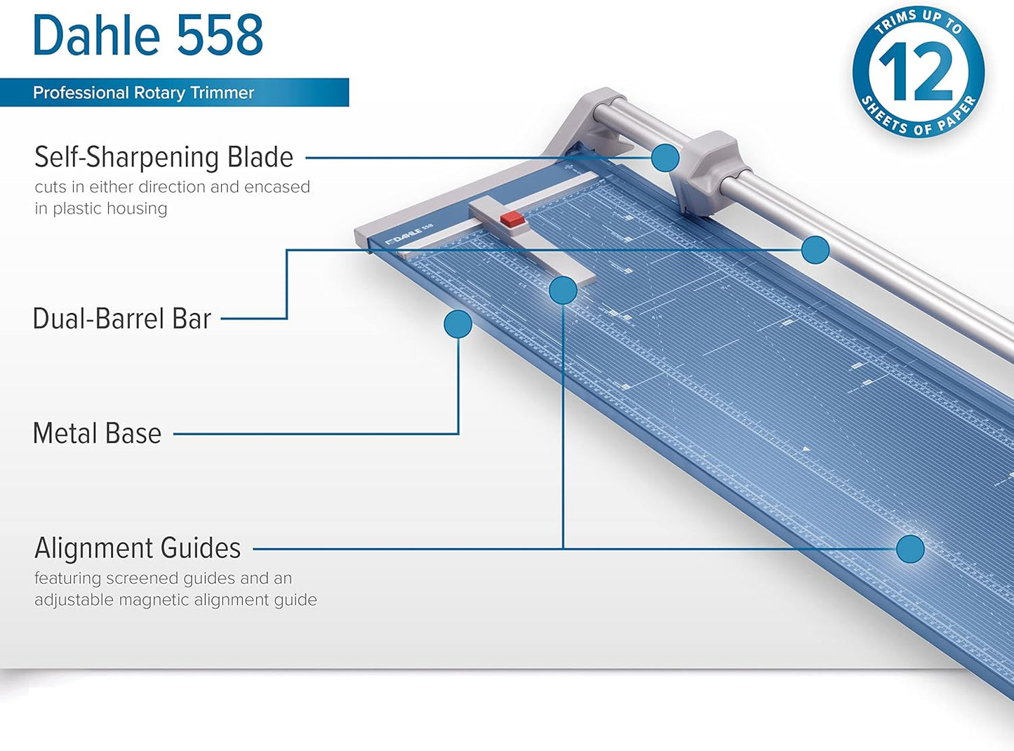 Dahle 558 Professional Rotary Trimmer, 51" Cut Length, 12 Sheet Capacity, Self-Sharpening, Dual Guide Bar, Automatic Clamp, German Engineered Paper Cutter