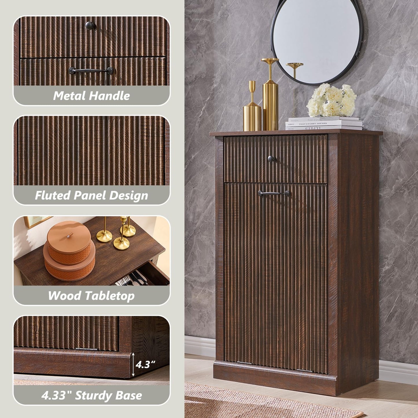 Modern Tilt-Out Trash Can Cabinet, 10 Gallon Fluted Laundry Hamper Cabinet with Drawers, Wooden Hidden Garbage Can Cabinets with Storage Basket, Free Standing for Kitchen and Living Room,Brown