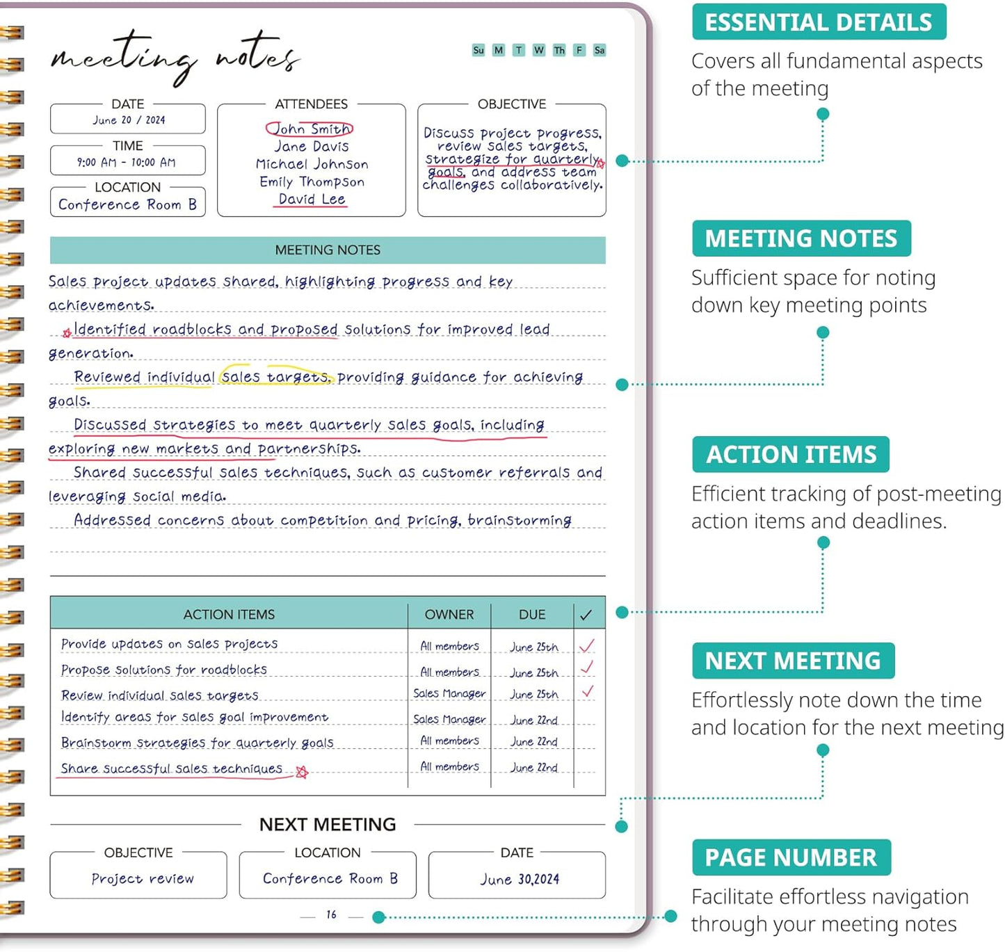 Meeting Notebook for Work Organization - Work notebook with action items, Meeting Minutes Planner Notebook, Perfect Office Supplies for Men & Women - Purple