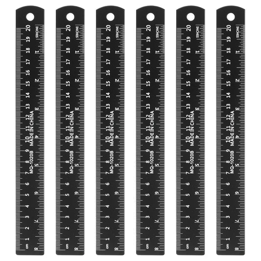 HARFINGTON 6pcs Metal Straight Ruler 20cm Metric SAE Aluminum Alloy Measuring Rulers Scale Tool with Hole for Measure Study Reading Classroom Office, Black