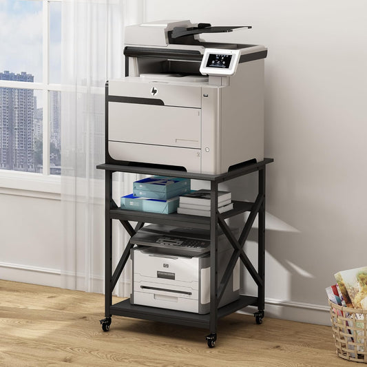 Printer Stand, 23.6 x 23.6 x 30.1 Inches Large Square Printer Table with Height Adjustable Storage Shelf, 3 Tier Rolling Printer Cart with Industrial Wheels for Home Office - Black