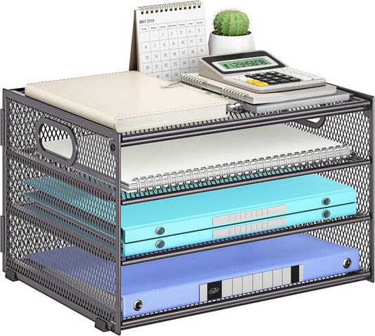 Subekyu Paper Letter Tray Organizer for Desk, Gray Metal Mesh Desk File Sorter Organizer with Handle and 2 Sliding Trays for Home Office School Supplies Organization