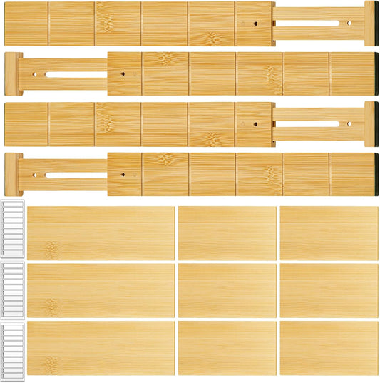 Bamboo Drawer Organizer - with Inserts & Labels, 17-22" - Adjustable Spring Loaded Kitchen Dividers for Utensils & Junk Storage - Expandable Silverware Separators for Organization