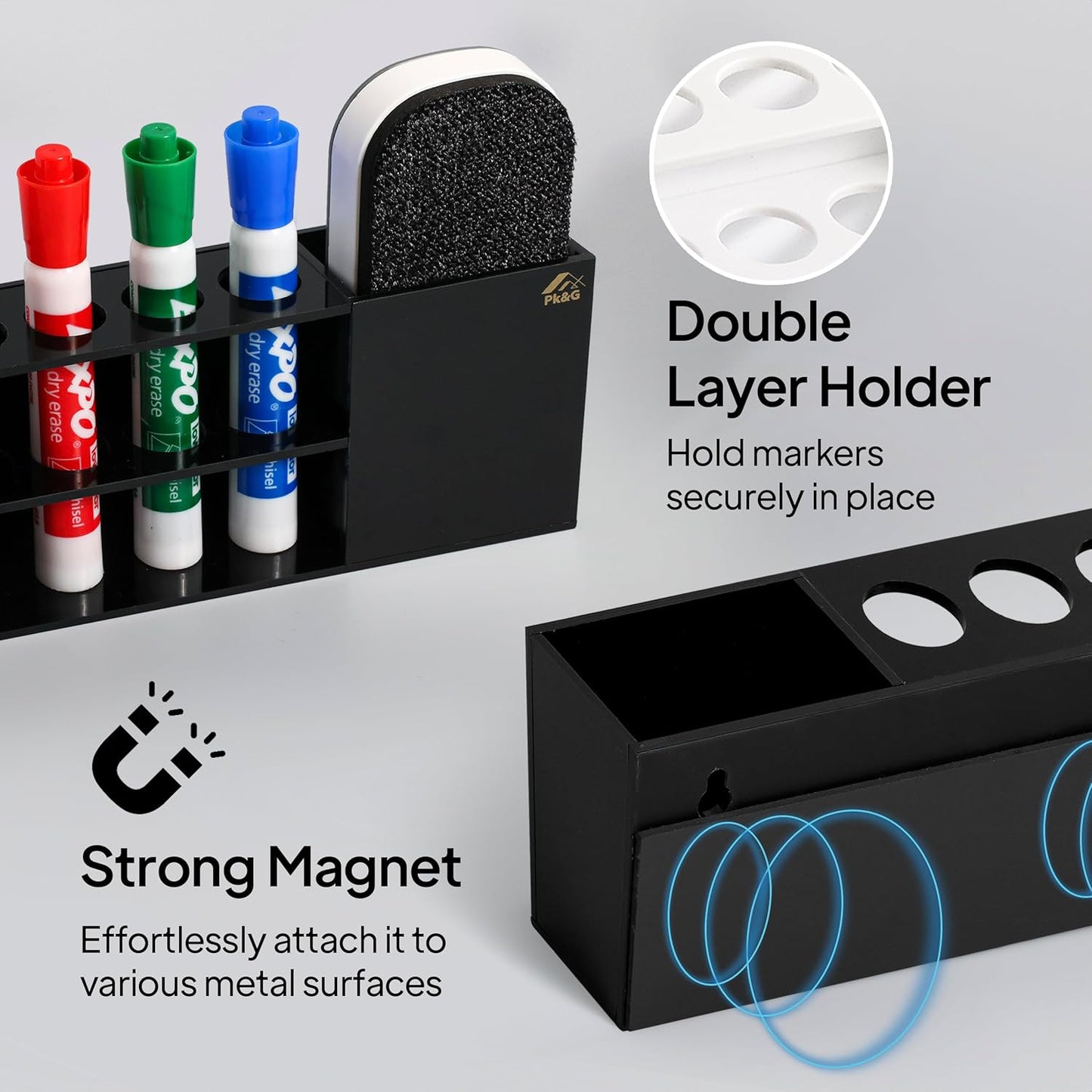 Pk&G Slim Magnetic Dry Erase Marker Holder for Whiteboard, Space Saving Pen Organizer with Glass and Wall Mount Accessories for Fridge, Office, and School. (Black)