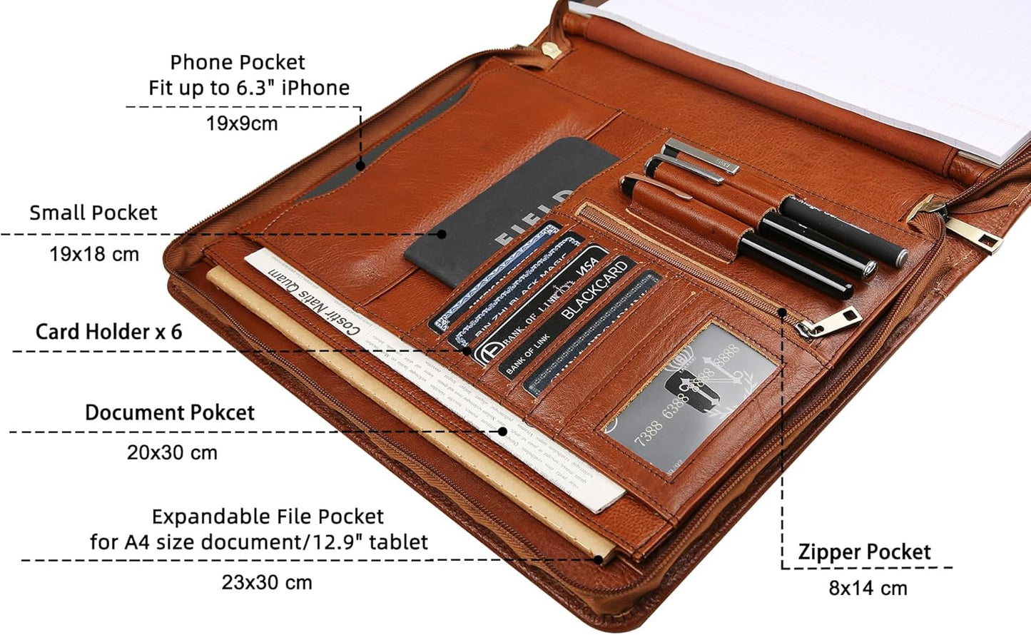 Personalized Leather Portfolio Organizer for IPad/Document, Business Padfolio with A4 Leather Notepad Holder, Custom Leather Compact Folder Conference Portfolio for Men and Women, Oil-Brown