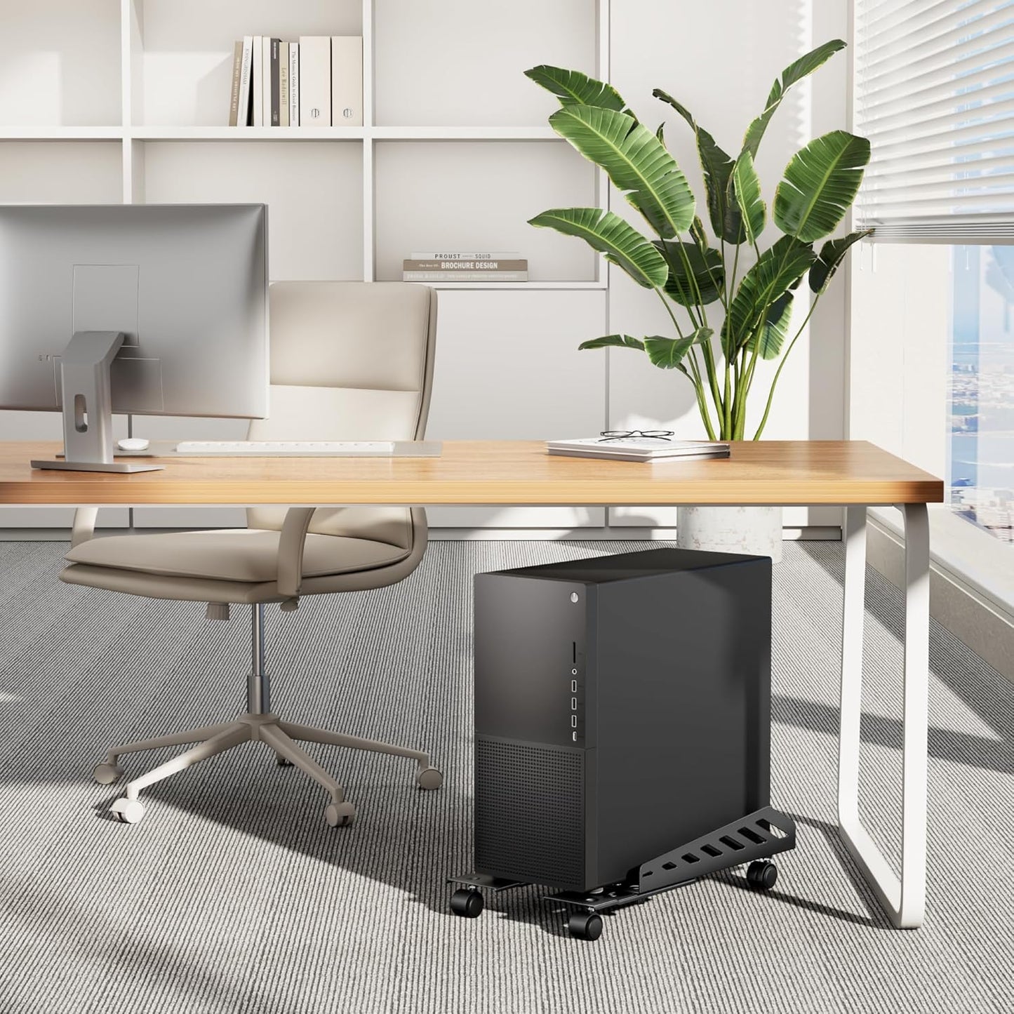 Adjustable PC Stand for Floor(400-510mm D, 160-300mm W), PC Tower Stand with 4 Caster Wheels, Ventilated Under Desk CPU Cart Holder for Office, Gamers, Black