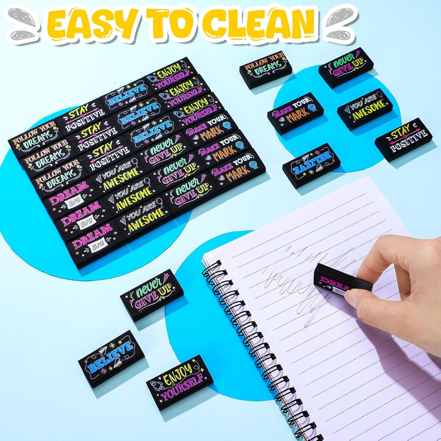 100 Pcs Inspirational Pencil Erasers Bulk for Kids Fun Motivational Eraser School Supplies Back to School Office Supplies for Classroom Office Teacher Artists (Colorful Chalkboard)