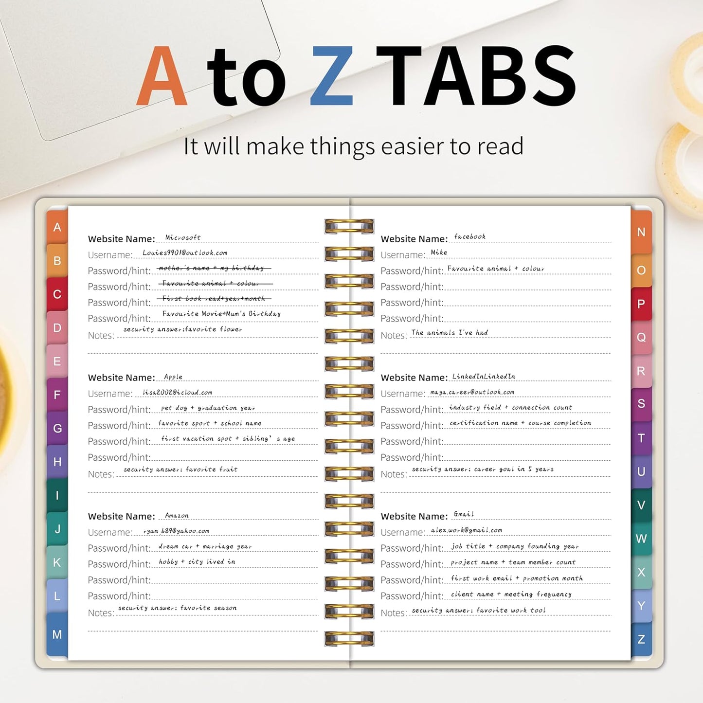 Spiral Password Book with Alphabetical Tabs – 4" X 5.5" Small Password Keeper Book with Inner Pocket for Seniors , Large Print, Hardcover, 468 Logins – Internet Password Organizer Notebook for Home & Office Use