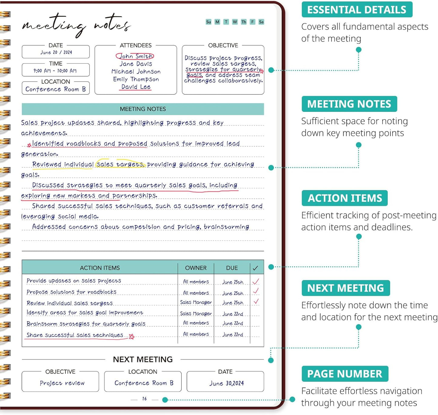 Taja Meeting Notebook for Work Organization - Work notebook with action items, Meeting Minutes Planner Notebook, Perfect Office Supplies for Men & Women - Burgundy