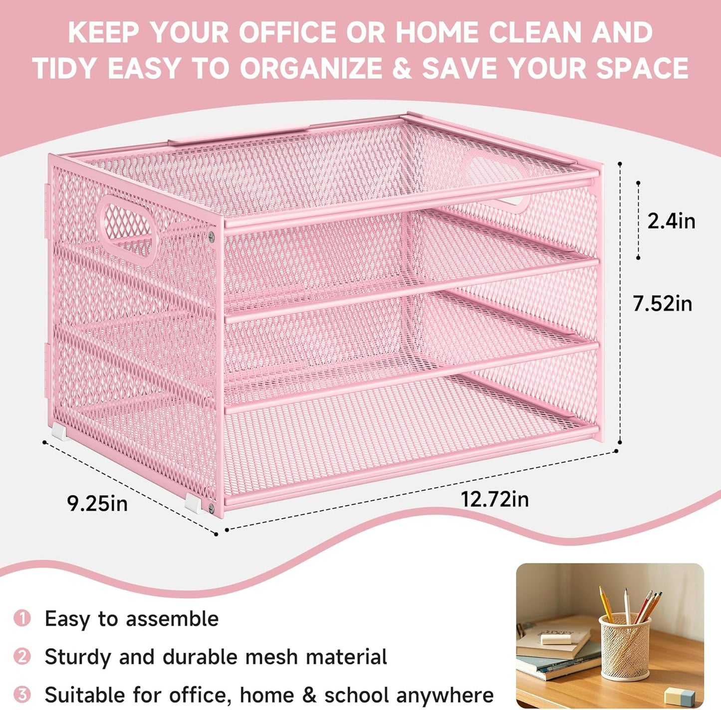 Subekyu Paper Letter Tray Organizer for Desk, Pink Metal Mesh Desk File Sorter Organizer with Handle and 2 Sliding Trays for Home Office School Supplies Organization