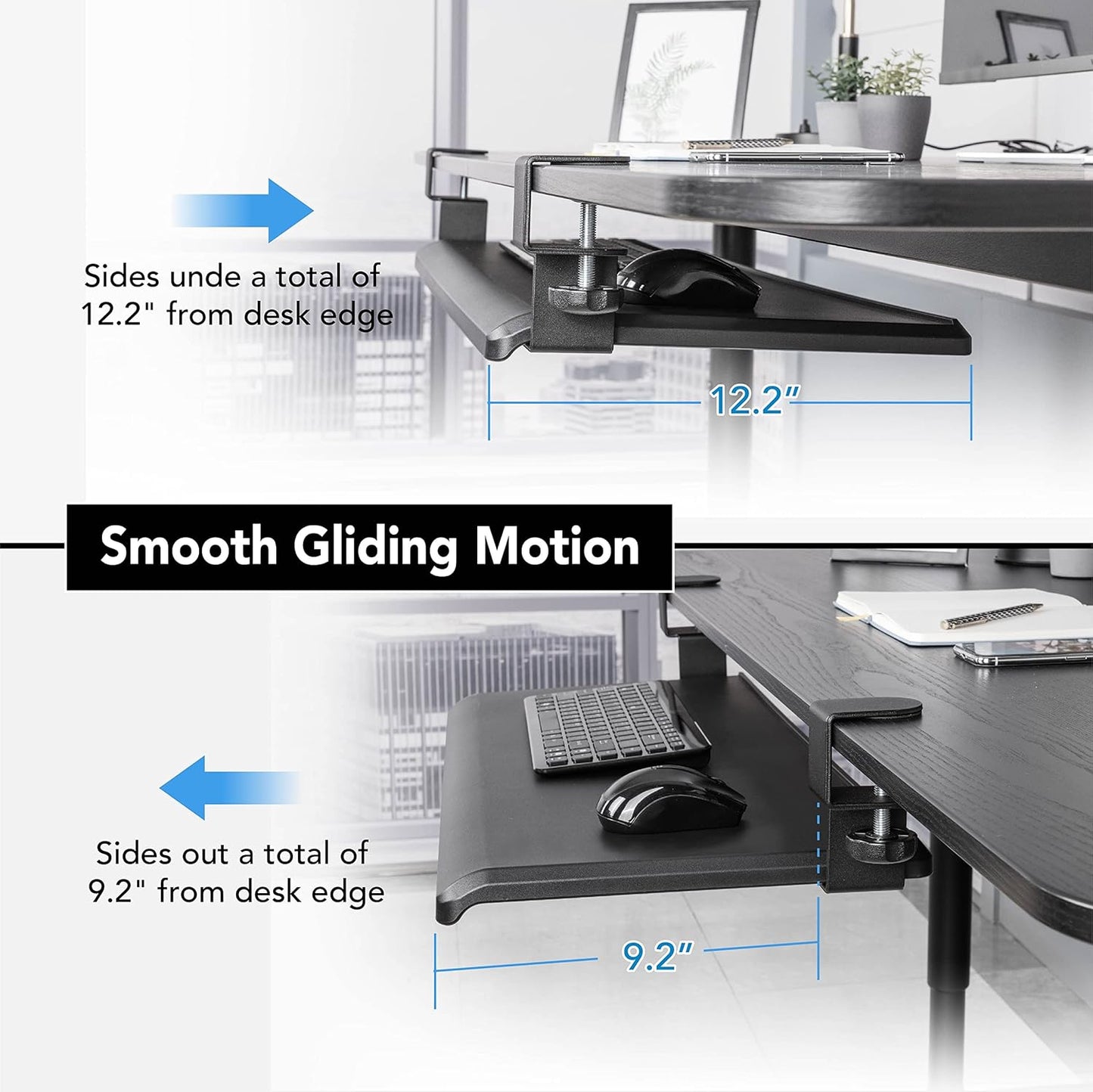 EHO Clamp-On Retractable Adjustable Keyboard Tray, Under Desk Ergonomic Keyboard Tray - Easy Tool-Free Install - Large Surface 27.5" (31.8" Including Clamps) x 12.5" Home & Office