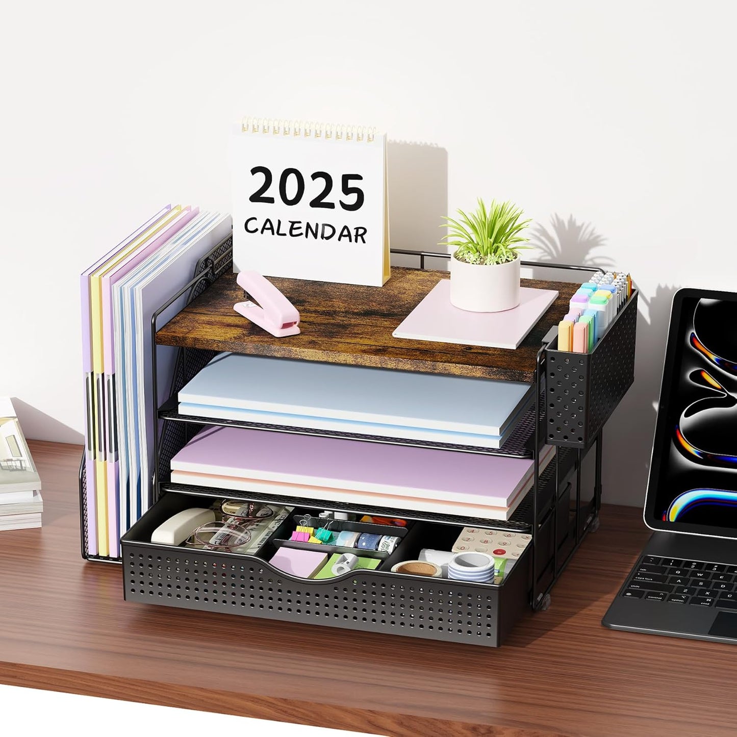 Wood Desk Organizers and Accessories with File Holder, 4-Tier Desk Accessories & Workspace Organizers with Drawer and Pen Holder, Paper Organizer for Office Supplies (Wood)