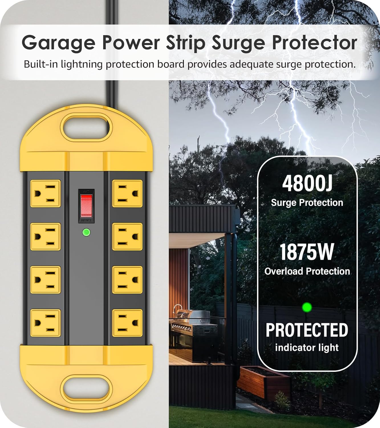 CCCEI Heavy Duty Power Strip Surge Protector, Metal 8 Outlets Power Strip for Appliance. Garage Shop Industrial Workbench 15 AMP Outlets Strip. 15FT Extension Cord. Set