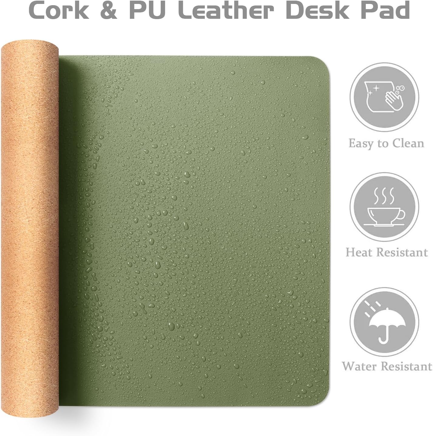 Aothia Dual-Sided Desk Mat - Natural Cork & Leather Desk Protector, Large Mouse Pad & Writing Pad for Office/Home, Olive Green (35.4" x 15.7")