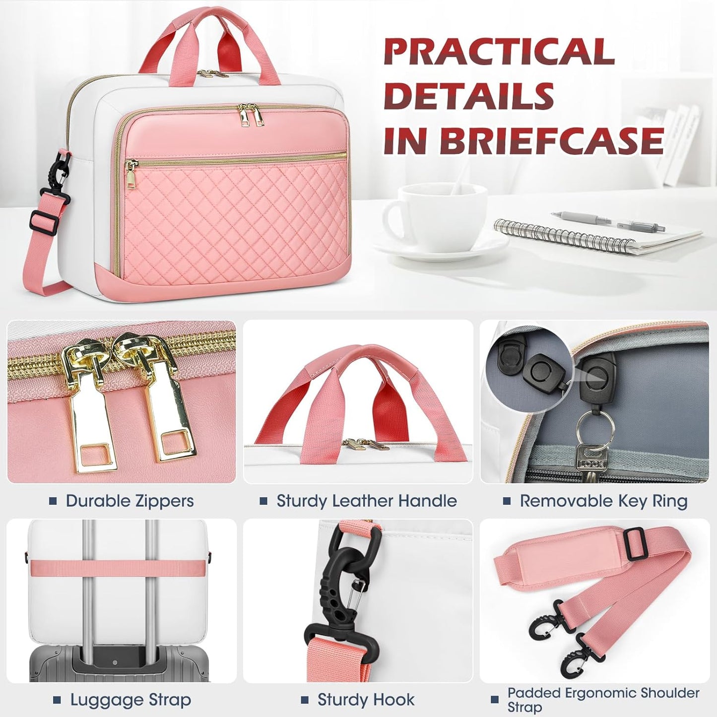 NEWHEY Laptop Bag 17.3 Inch Laptop Briefcase for Women Men Waterproof Shoulder Messenger Bag Large Computer Bag for Business Office Work College, Pink&Beige