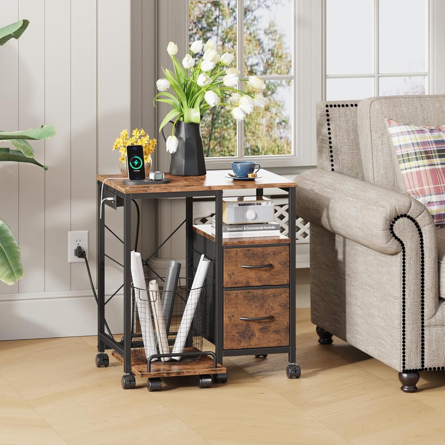 Printer Stand with Power Outlet/Fabric Drawers, Printer Cabinet with Storage Shelf and Rolling Shredder Stand, Printer Table for Home Office, 22.8"×15" Rustic Brown